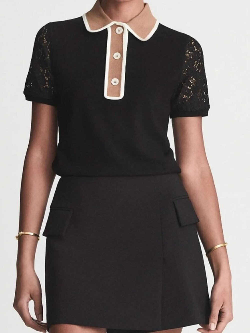 Womens Reiss Black Camel (Item- 444) Eliza Lace Back Polo Shirt Blouse Top XL